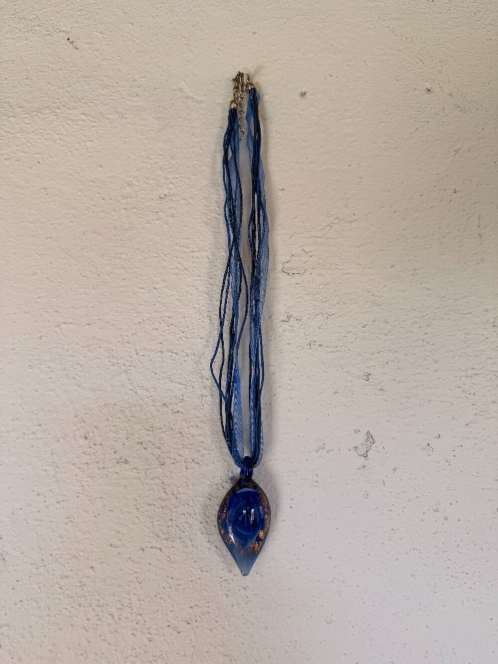 Blue Blown Glass Pendant with Ribbon Necklace